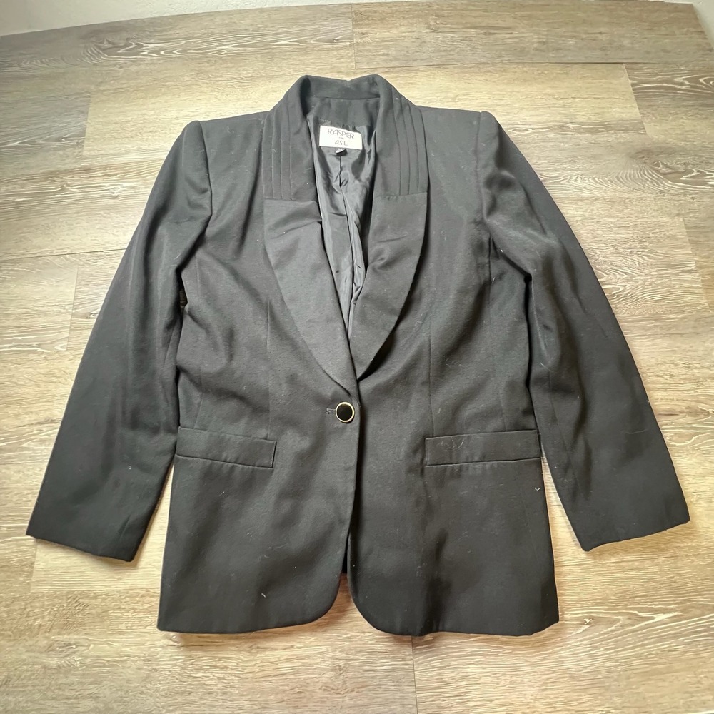 Kasper for ASL Blazer Womens 14 Black Pleated Shawl‎ Lapel Single Button Career